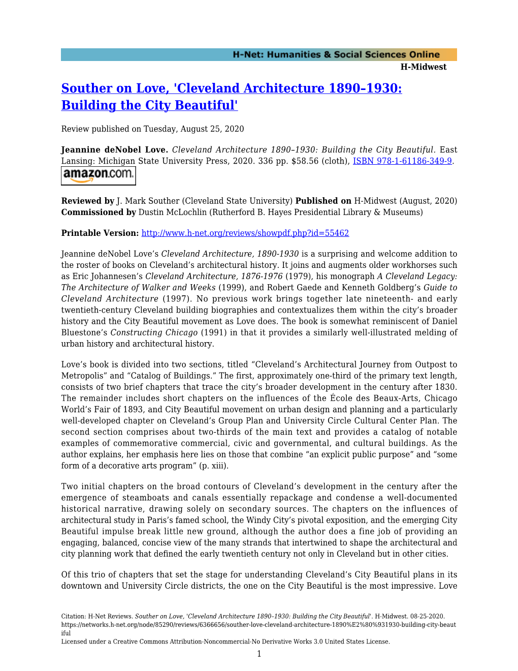 Souther on Love, 'Cleveland Architecture 1890–1930: Building the City Beautiful'