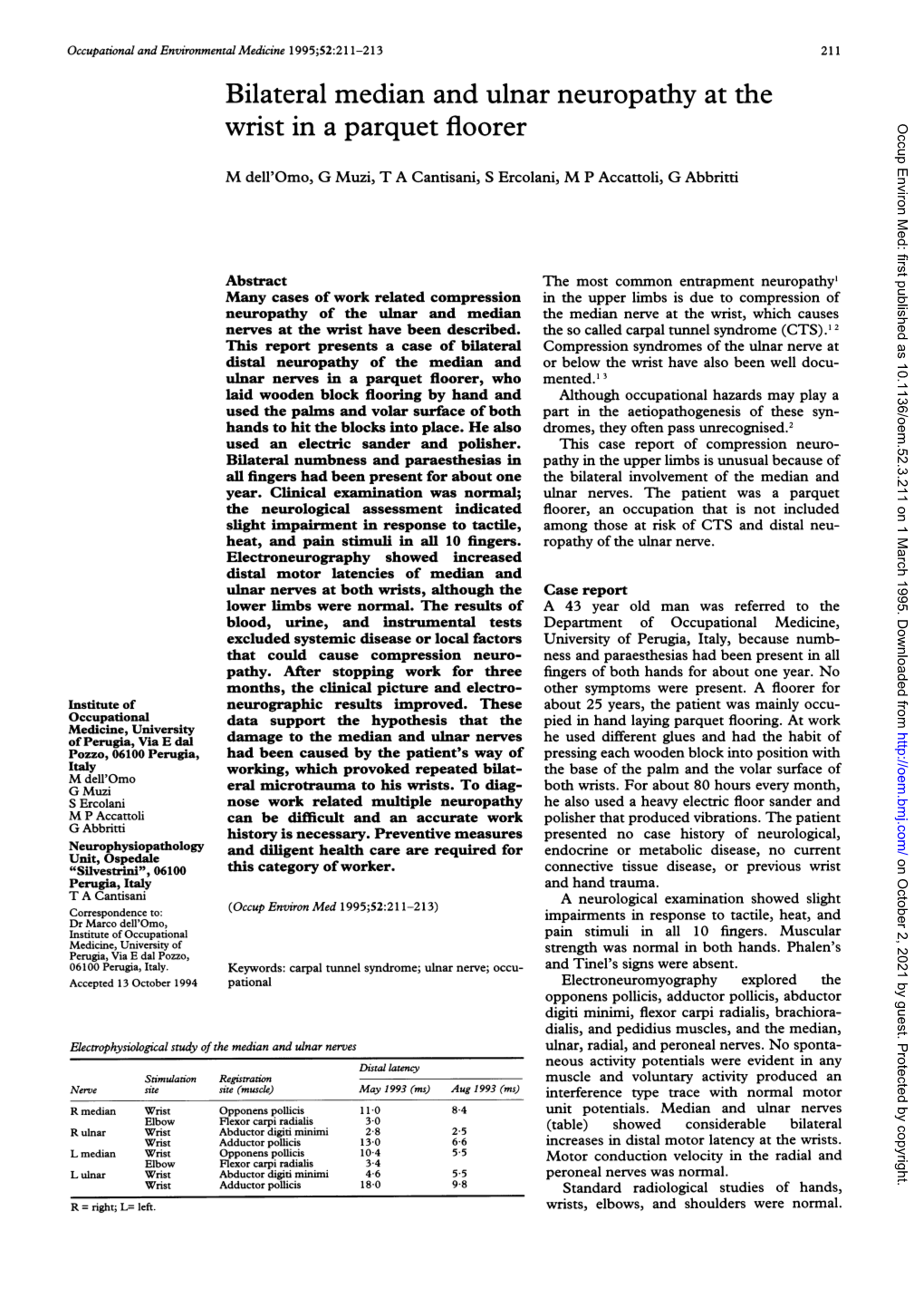 Bilateral Median and Ulnar Neuropathy at the Wrist in a Parquet Floorer Occup Environ Med: First Published As 10.1136/Oem.52.3.211 on 1 March 1995