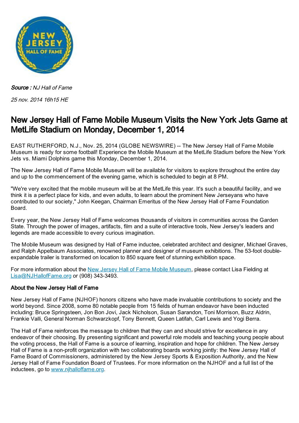 New Jersey Hall of Fame Mobile Museum Visits the New York Jets Game at Metlife Stadium on Monday, December 1, 2014