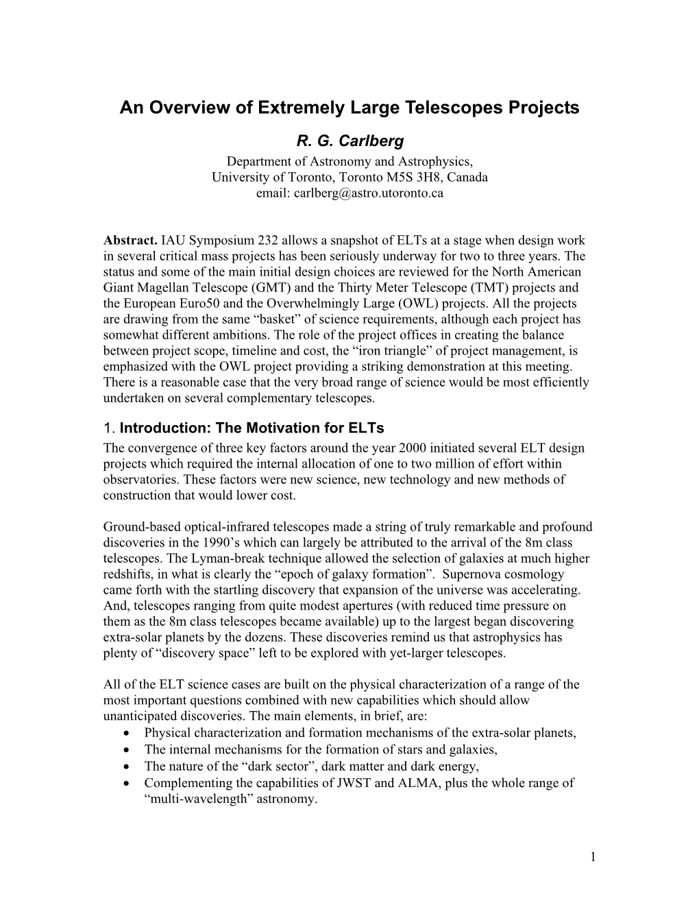 An Overview of Extremely Large Telescopes Projects