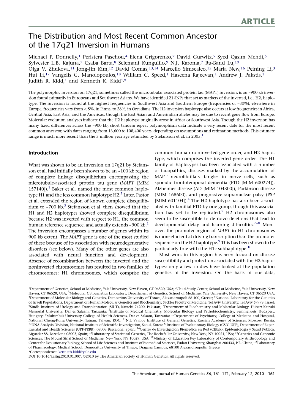 The Distribution and Most Recent Common Ancestor of the 17Q21 Inversion in Humans