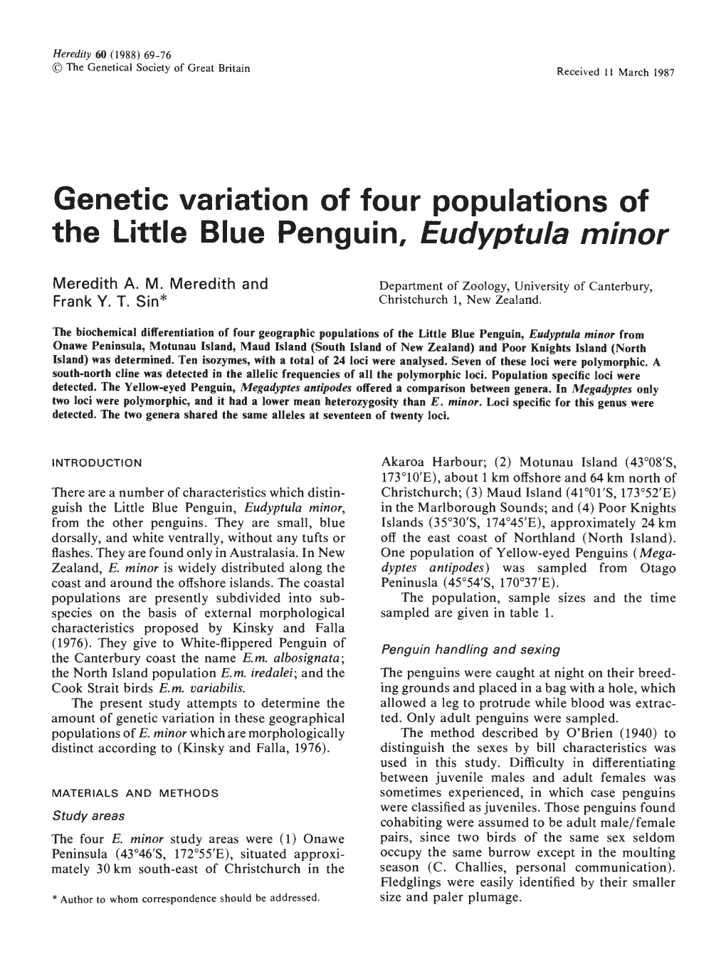 Genetic Variation of Four Populations of the Little Blue Penguin, Eudyptula Minor