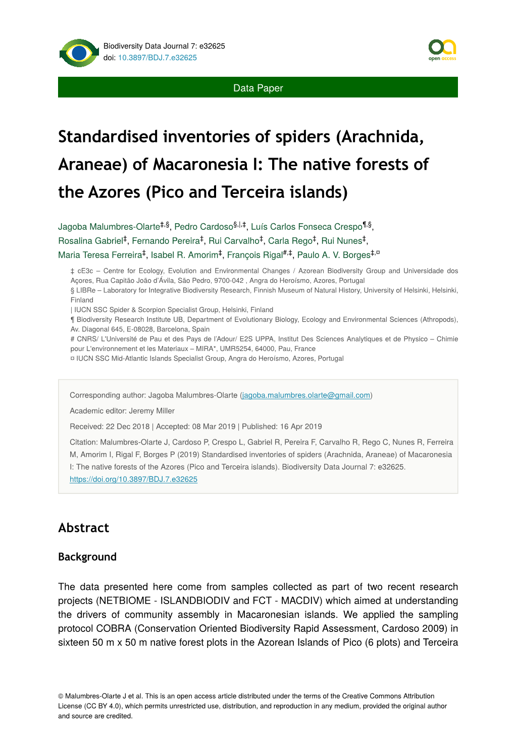 Standardised Inventories of Spiders (Arachnida, Araneae) of Macaronesia I: the Native Forests of the Azores (Pico and Terceira Islands)