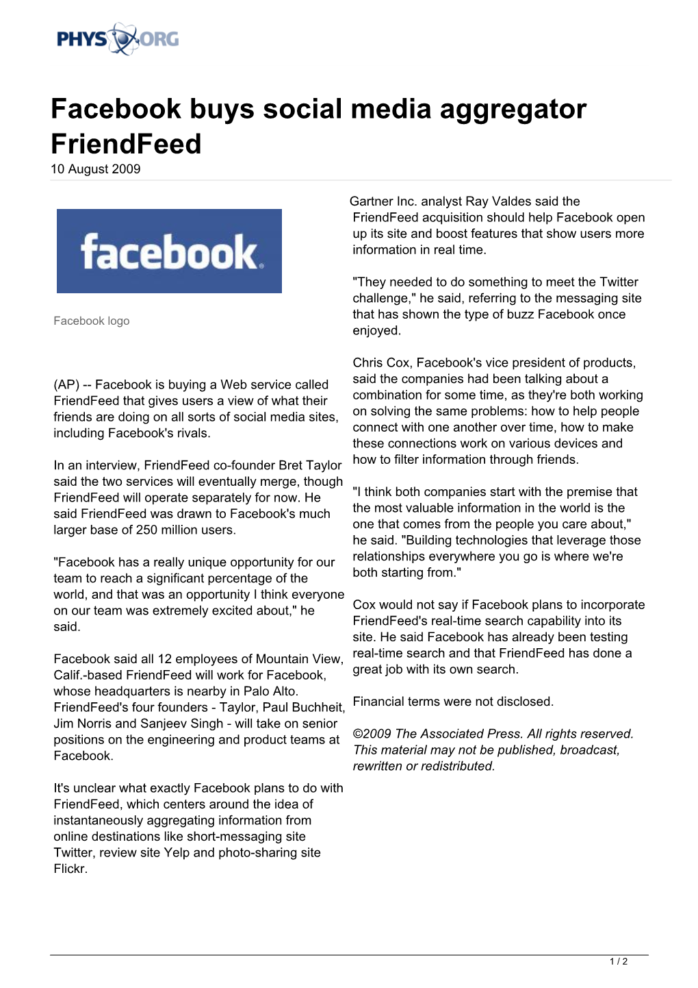 Facebook Buys Social Media Aggregator Friendfeed 10 August 2009
