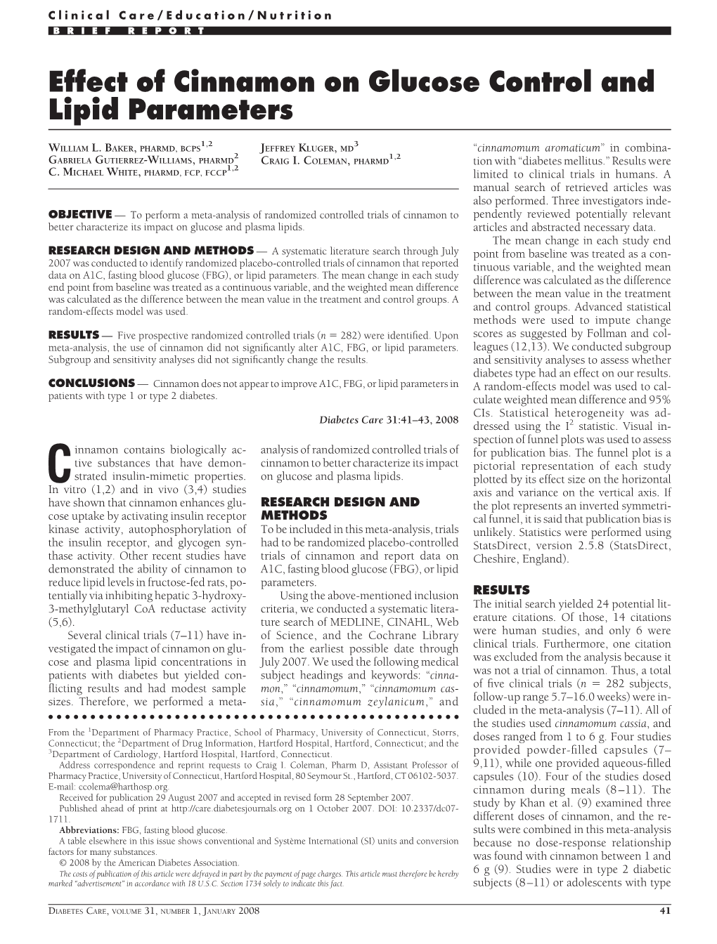 Effect of Cinnamon on Glucose Control and Lipid Parameters