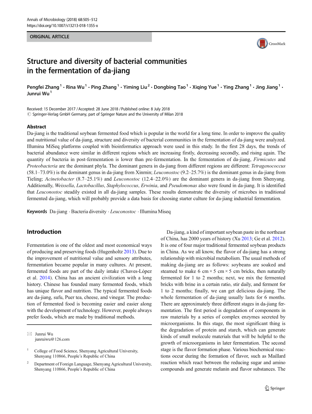 Structure and Diversity of Bacterial Communities in the Fermentation of Da-Jiang