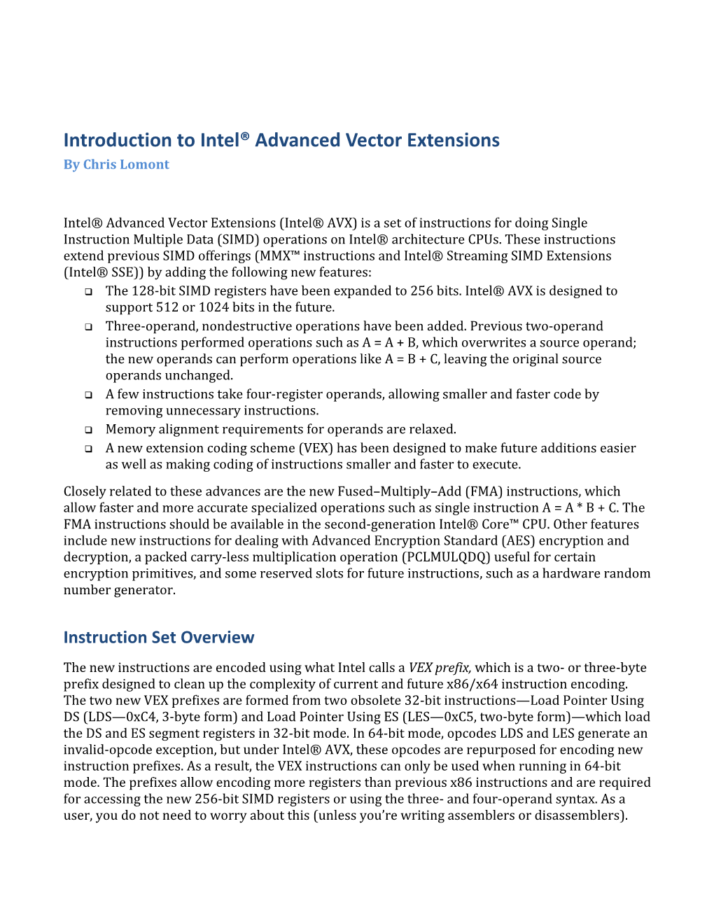 Introduction to Intel® Advanced Vector Extensions by Chris Lomont