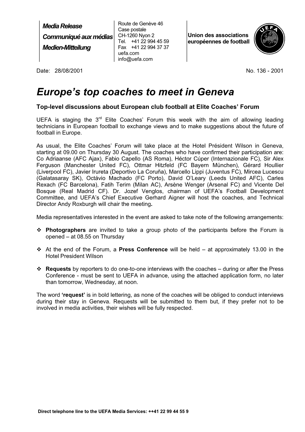 Europe's Top Coaches to Meet in Geneva