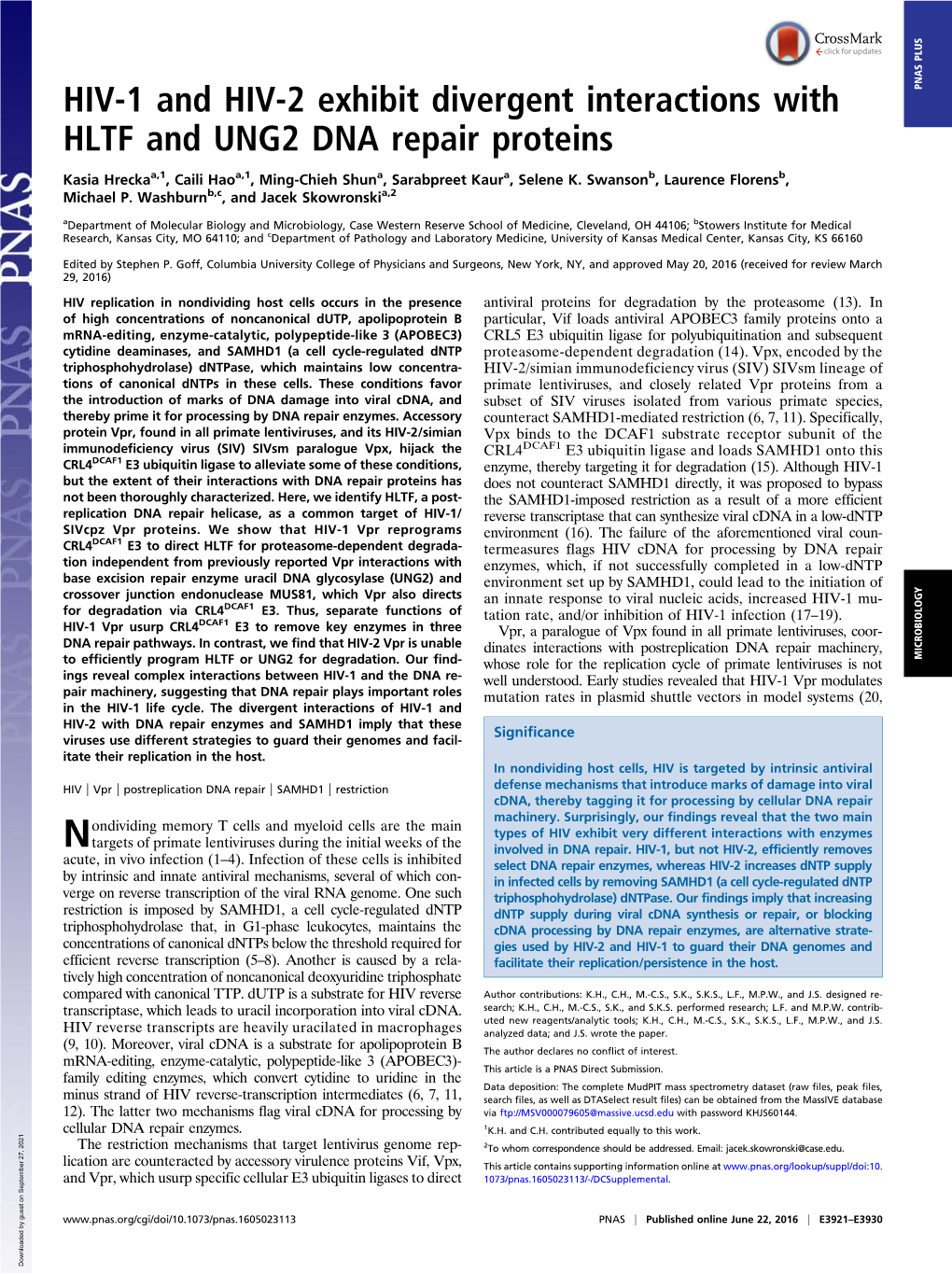 HIV-1 and HIV-2 Exhibit Divergent Interactions with HLTF and UNG2