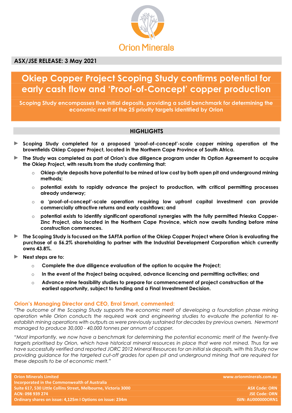 Scoping Study Confirms Potential for Early Cash Flow and ‘Proof-Of-Concept’ Copper Production