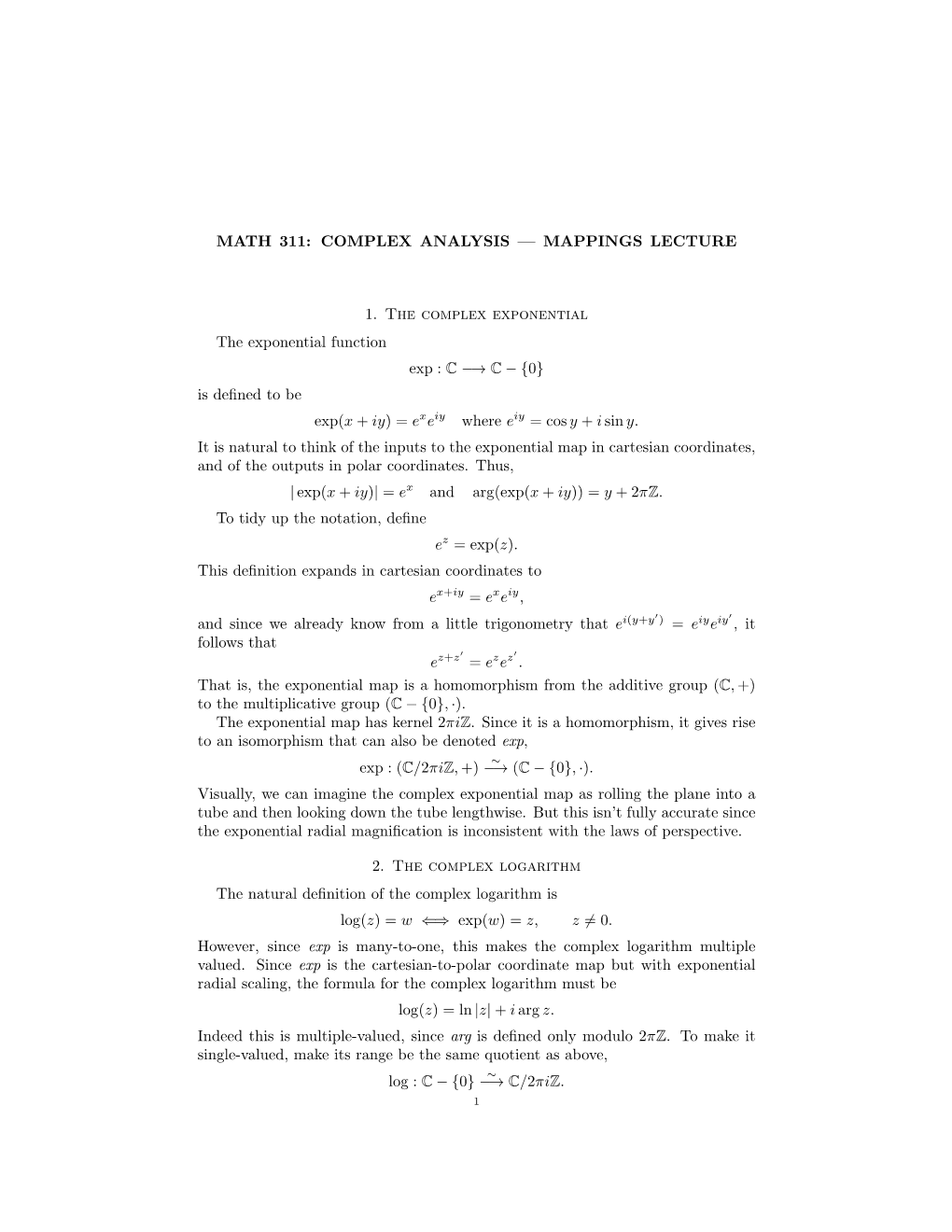 MATH 311: COMPLEX ANALYSIS — MAPPINGS LECTURE 1. The