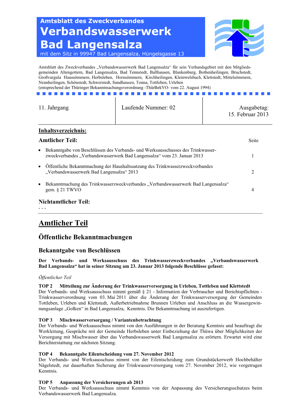 Verbandswasserwerk Bad Langensalza / AZV „Mittlere Unstrut“