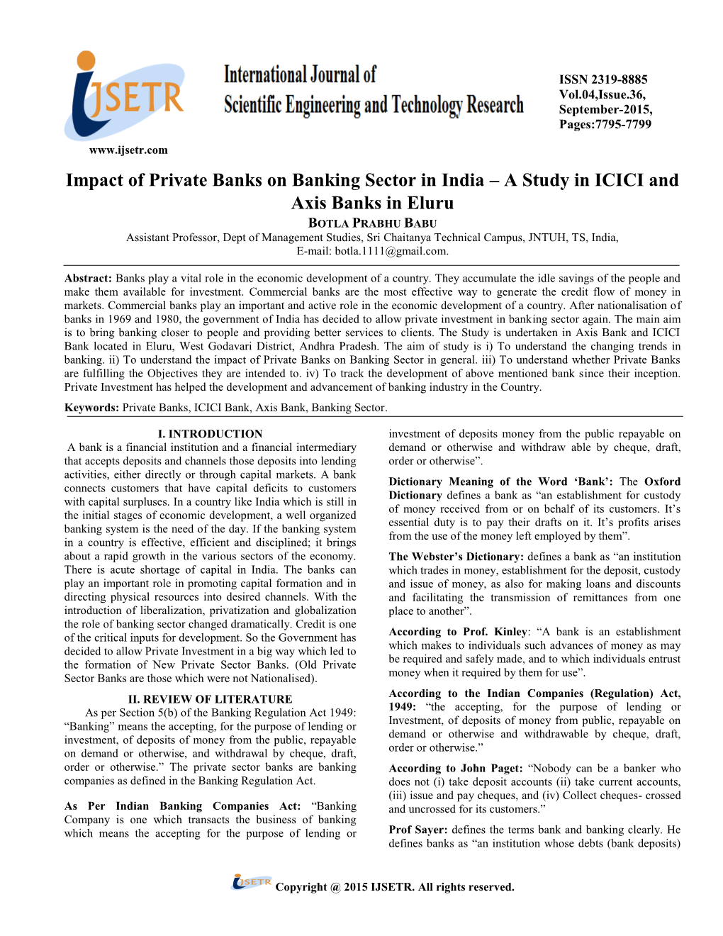Impact of Private Banks on Banking Sector in India – a Study in ICICI and Axis Banks in Eluru