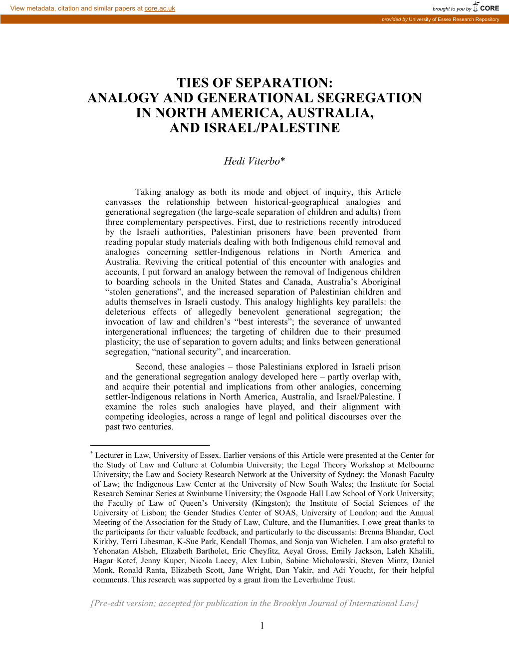 Ties of Separation: Analogy and Generational Segregation in North America, Australia, and Israel/Palestine