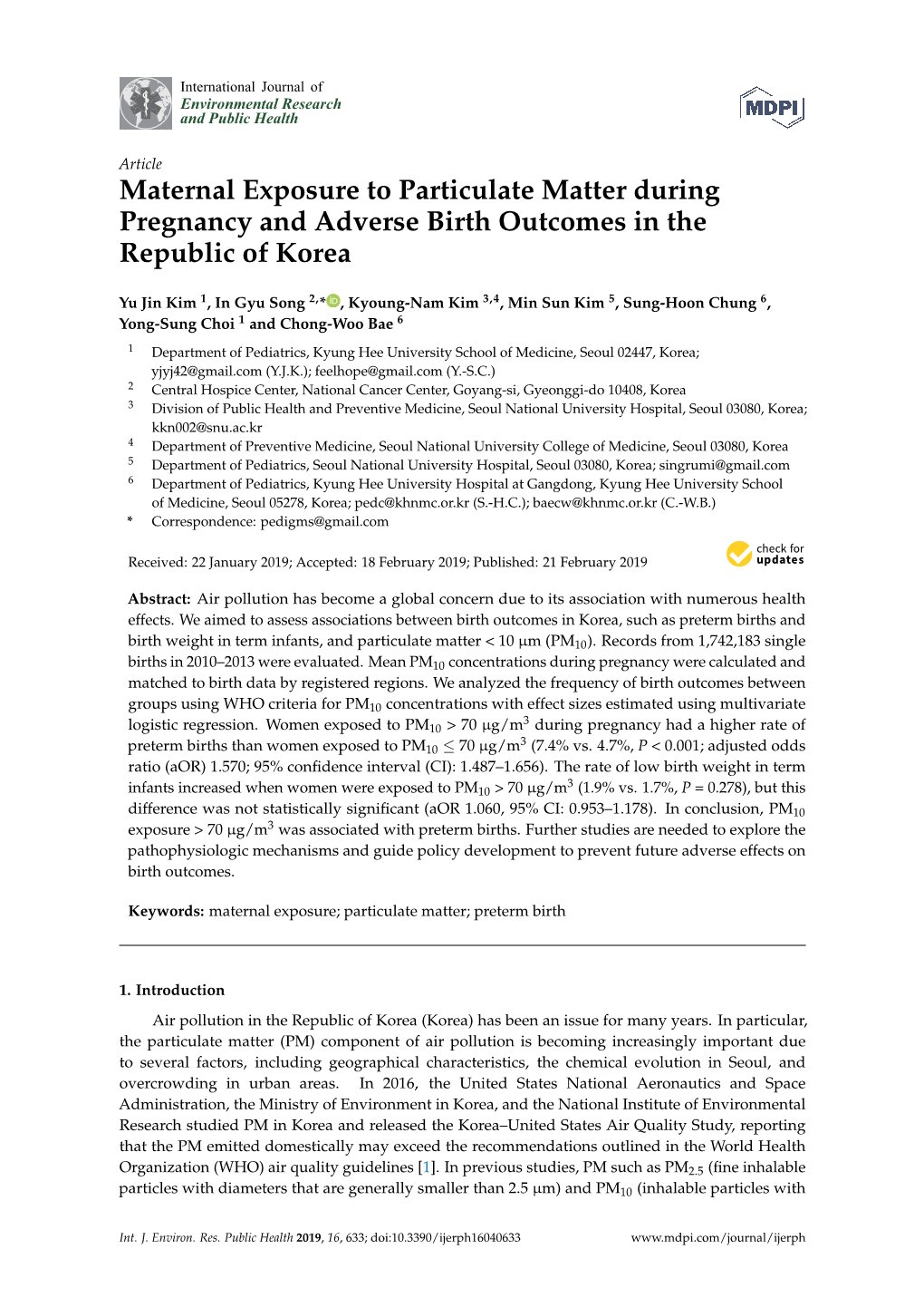 Maternal Exposure to Particulate Matter During Pregnancy and Adverse Birth Outcomes in the Republic of Korea