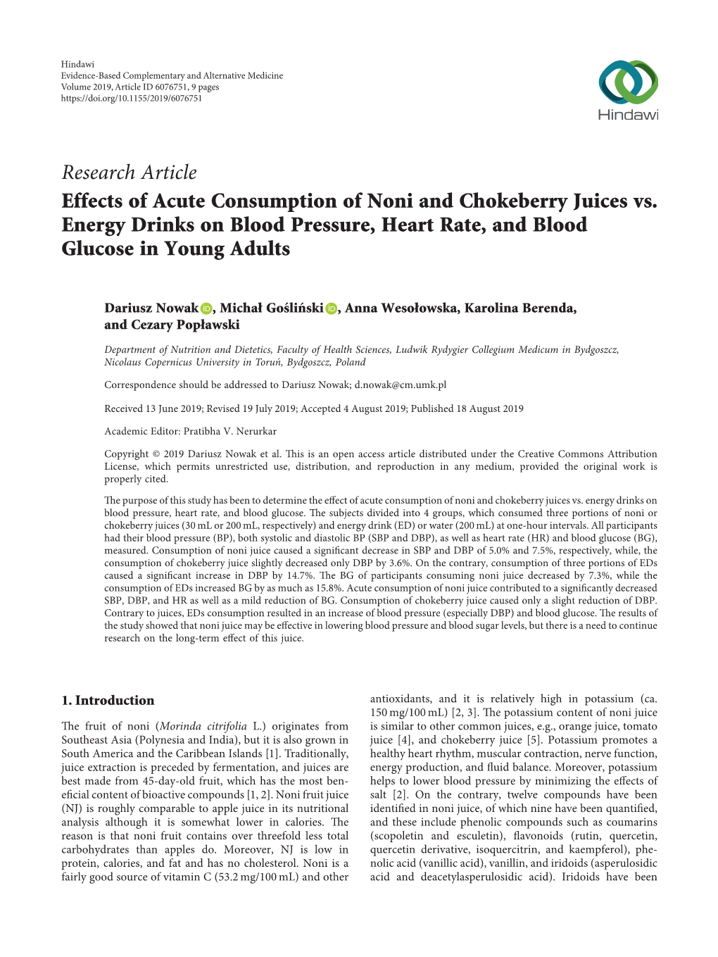 Effects of Acute Consumption of Noni and Chokeberry Juices Vs. Energy Drinks on Blood Pressure, Heart Rate, and Blood Glucose in Young Adults