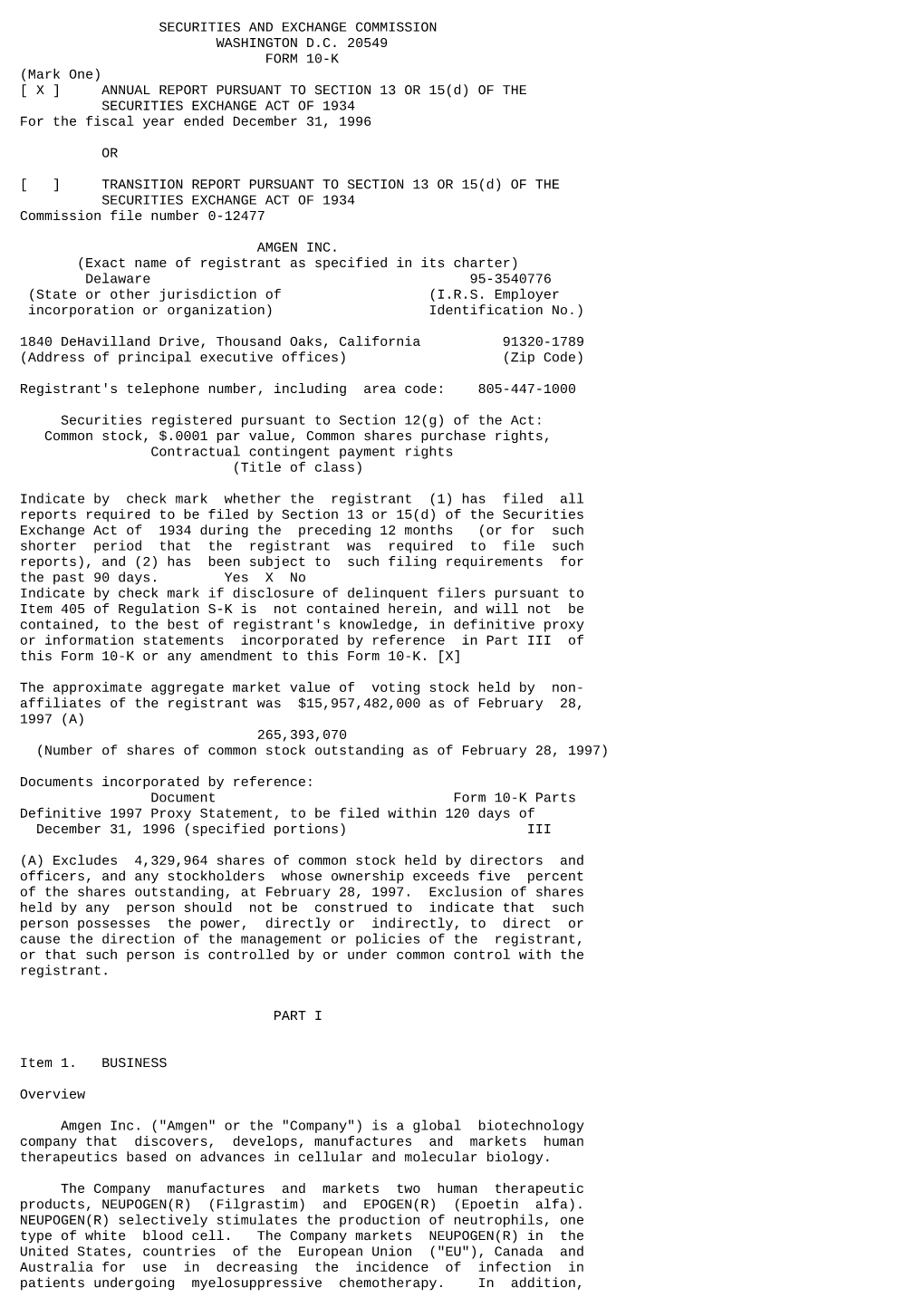 (Mark One) [ X ] ANNUAL REPORT PURSUANT to SECTION 13 OR 15(D) of the SECURITIES EXCHANGE ACT of 1934 for the Fiscal Year Ended December 31, 1996