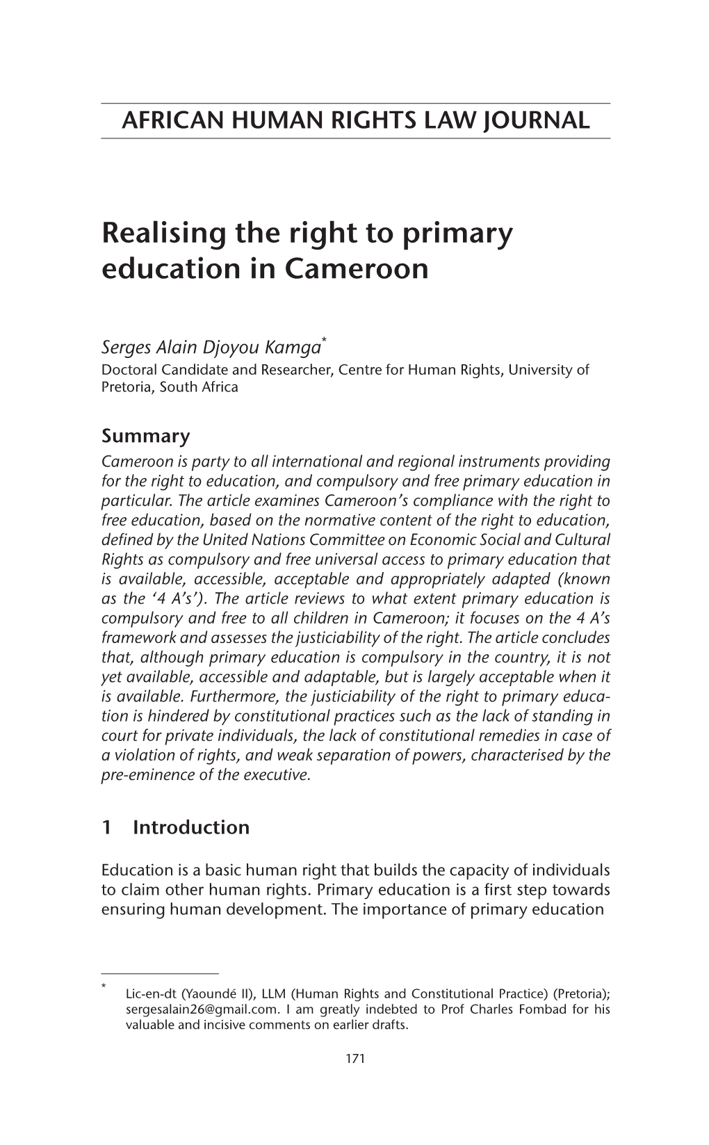 Realising the Right to Primary Education in Cameroon