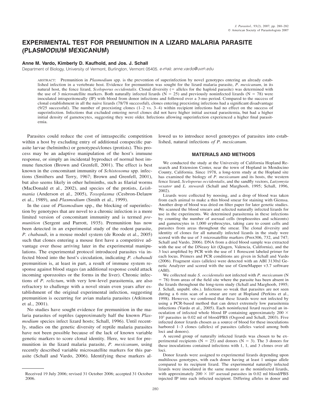 Experimental Test for Premunition in a Lizard Malaria Parasite (Plasmodium Mexicanum)