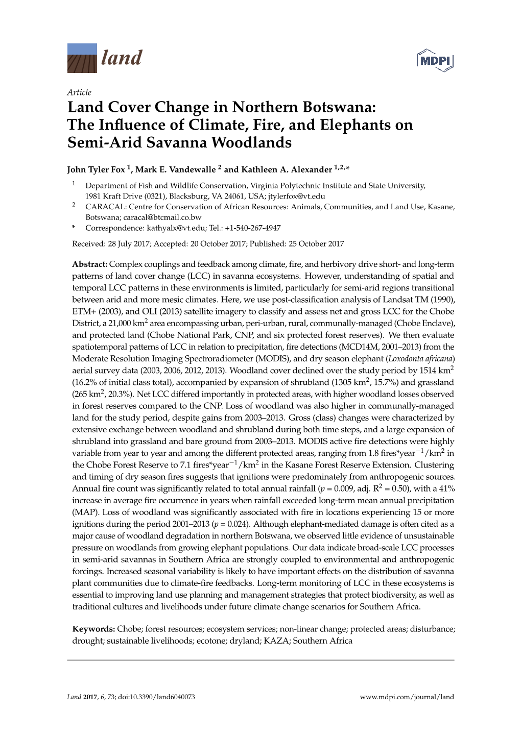 Land Cover Change in Northern Botswana: the Inﬂuence of Climate, Fire, and Elephants on Semi-Arid Savanna Woodlands