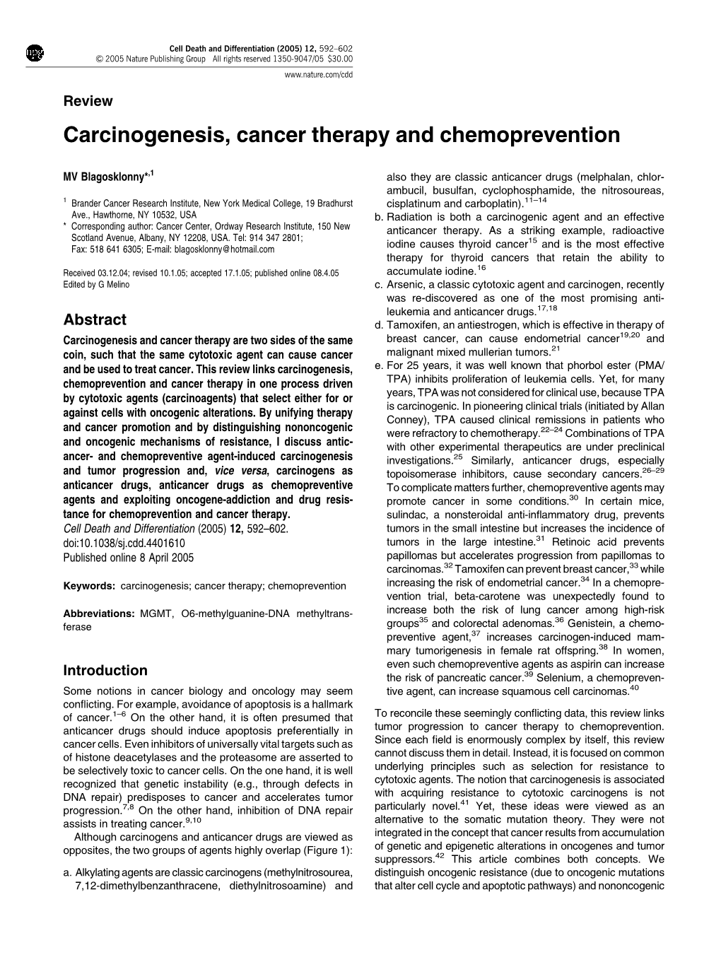 Carcinogenesis, Cancer Therapy and Chemoprevention