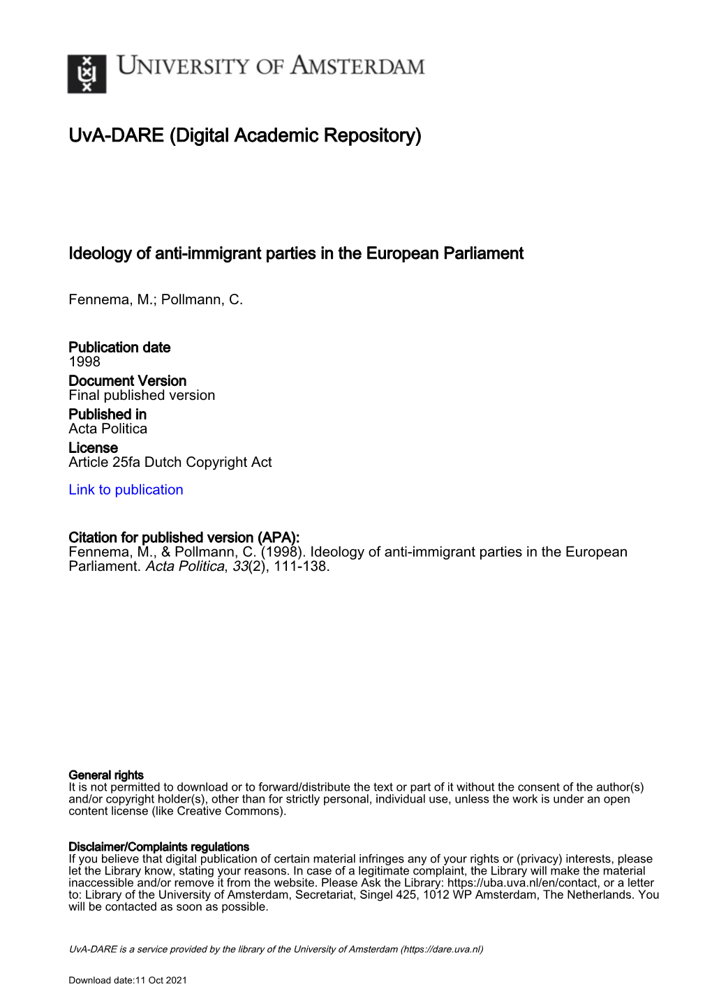 Ideology of Anti-Immigrant Parties in the European Parliament