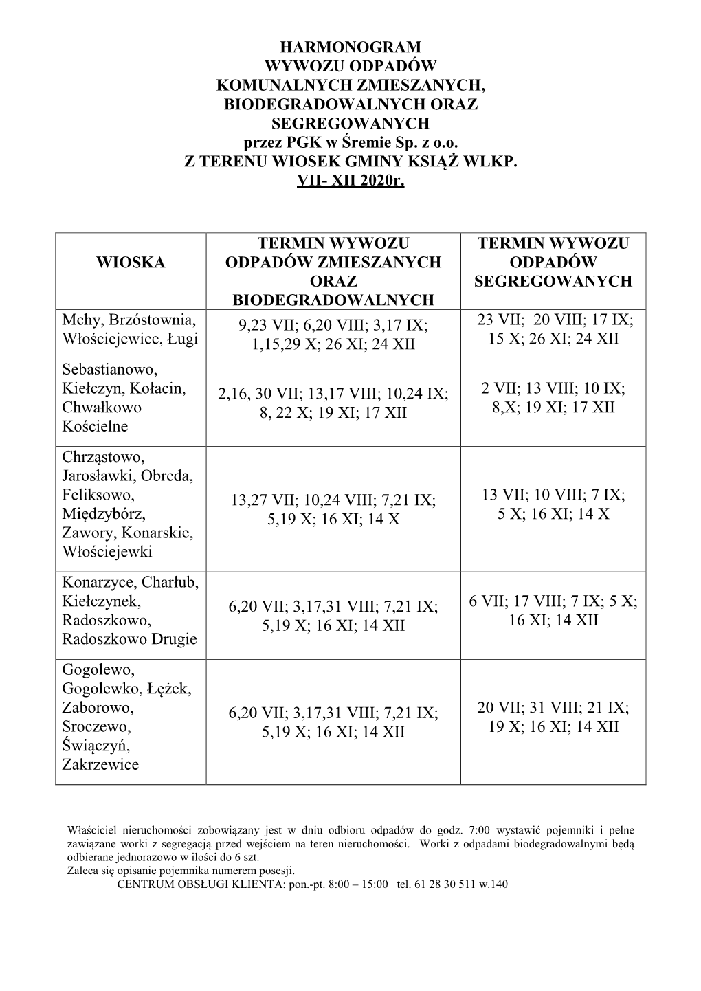 HARMONOGRAM WYWOZU ODPADÓW KOMUNALNYCH ZMIESZANYCH, BIODEGRADOWALNYCH ORAZ SEGREGOWANYCH Przez PGK W Śremie Sp