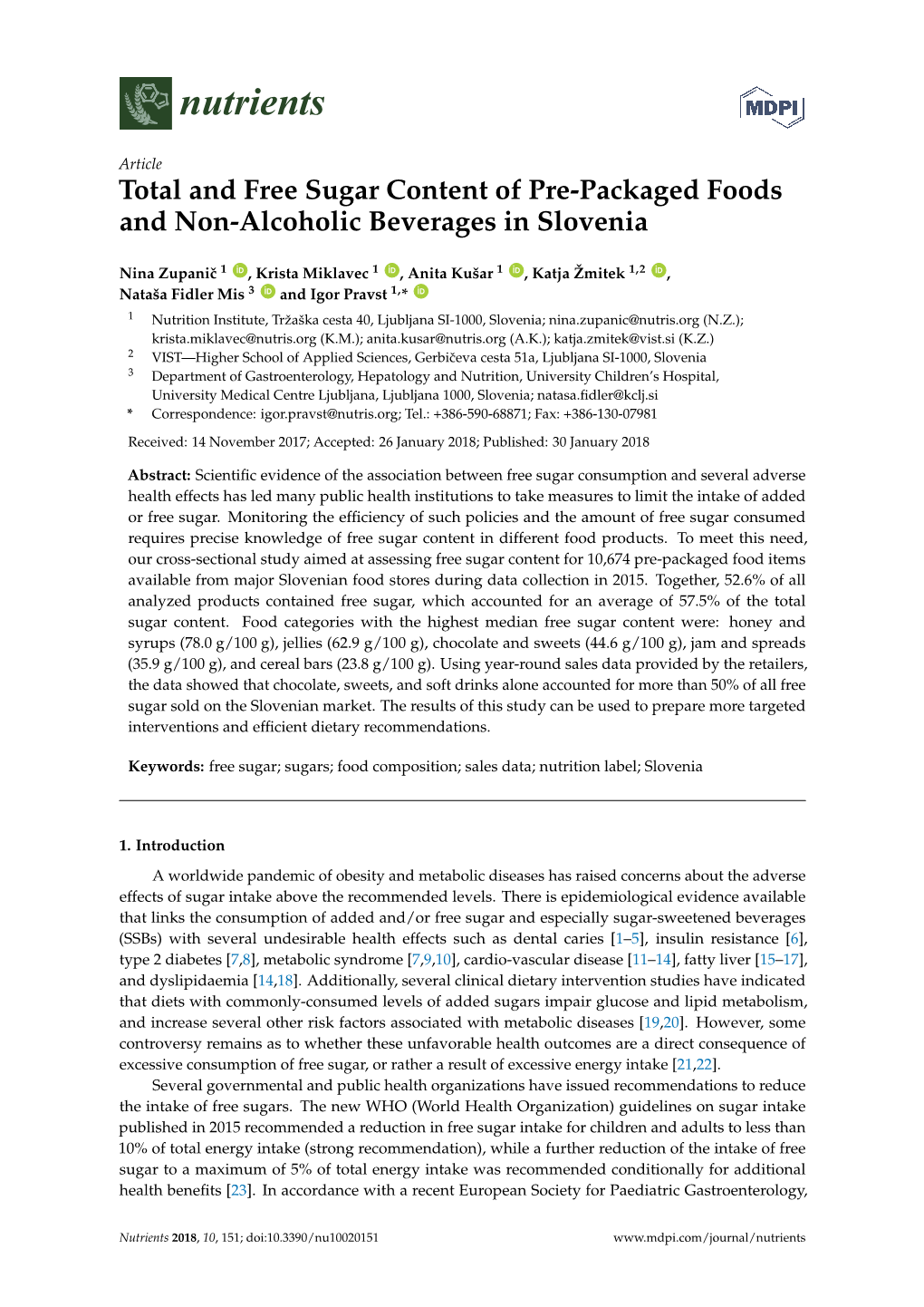 Total and Free Sugar Content of Pre-Packaged Foods and Non-Alcoholic Beverages in Slovenia