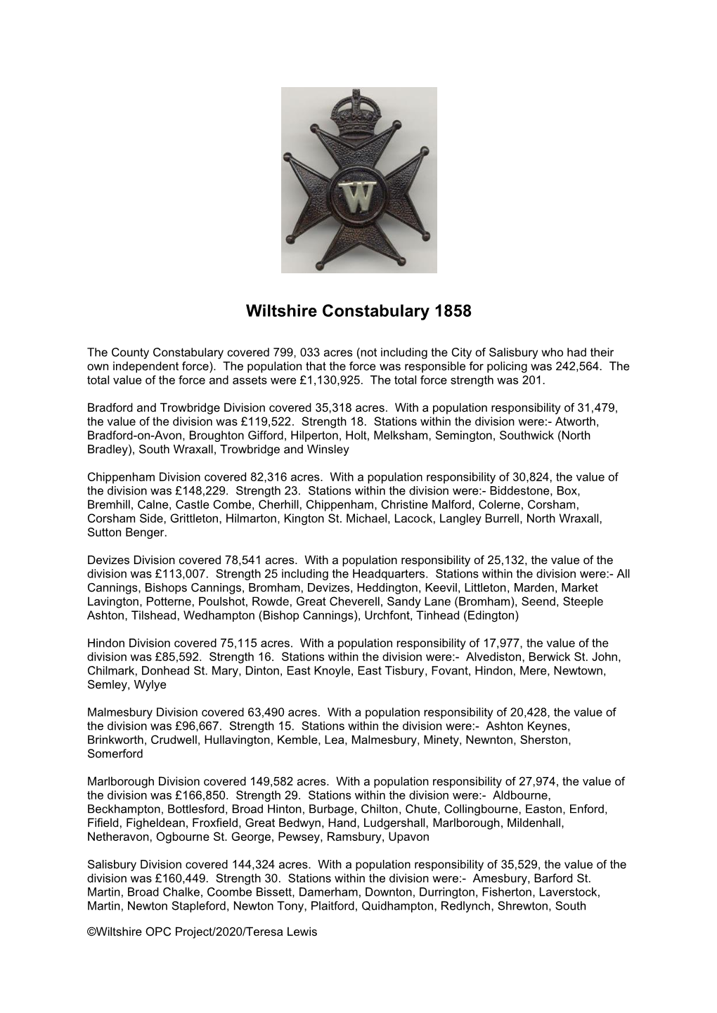 Wiltshire Constabulary 1858