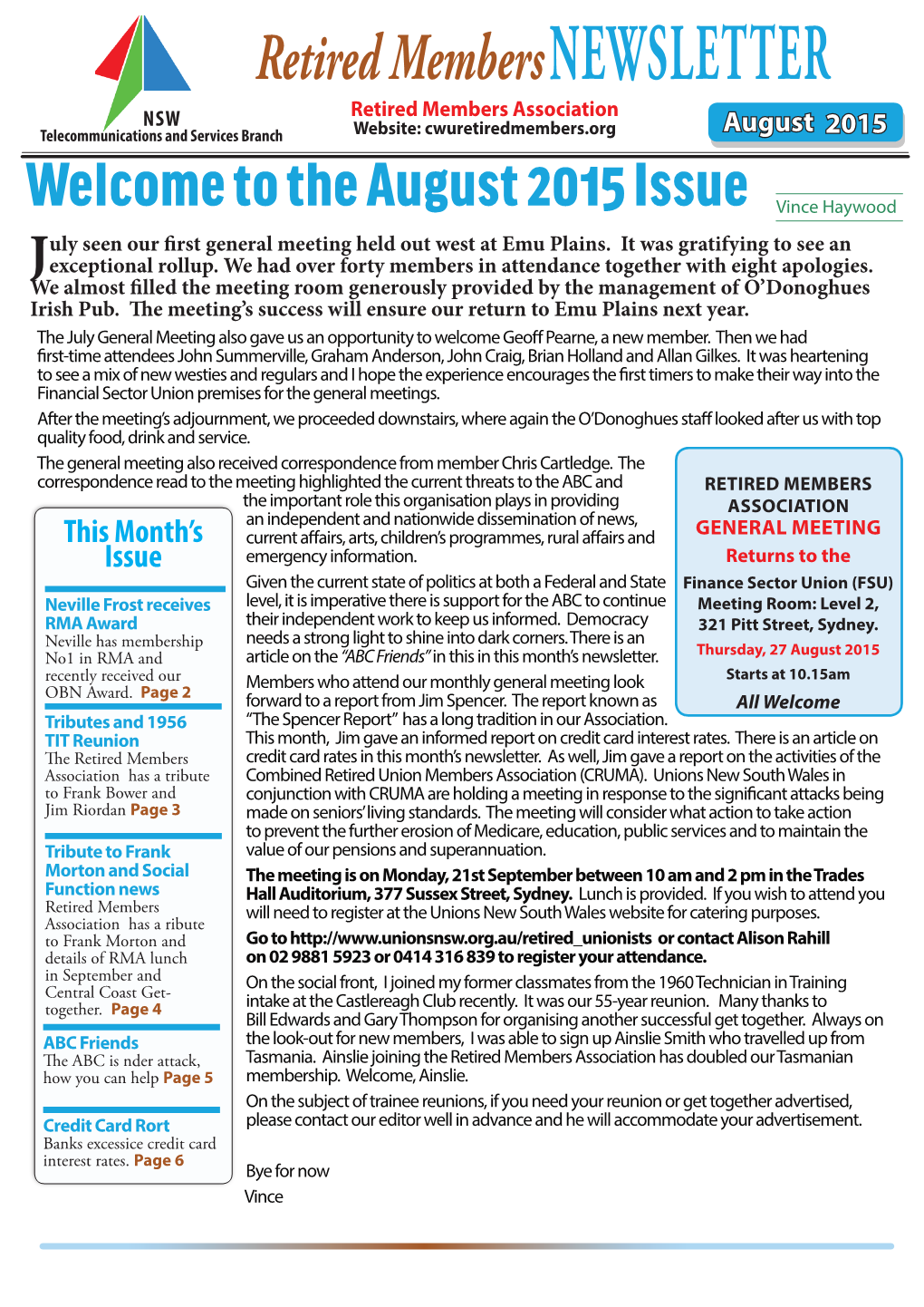 Retired Membersnewsletter Welcome to the August 2015 Issue