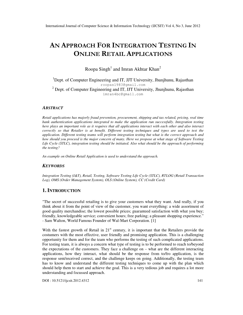 An Approach for Integration Testing in Online Retail Applications