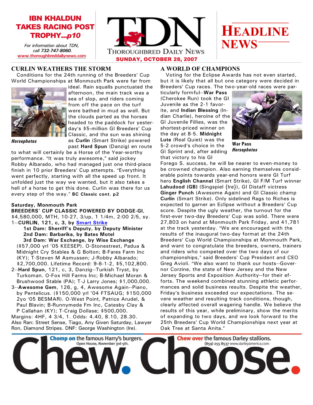 HEADLINE NEWS • 10/28/07 • PAGE 2 of 18 EATON SALES FAMILY Congratulates the Owners & Breeders Of