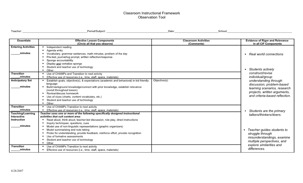 Classroom Instructional Framework