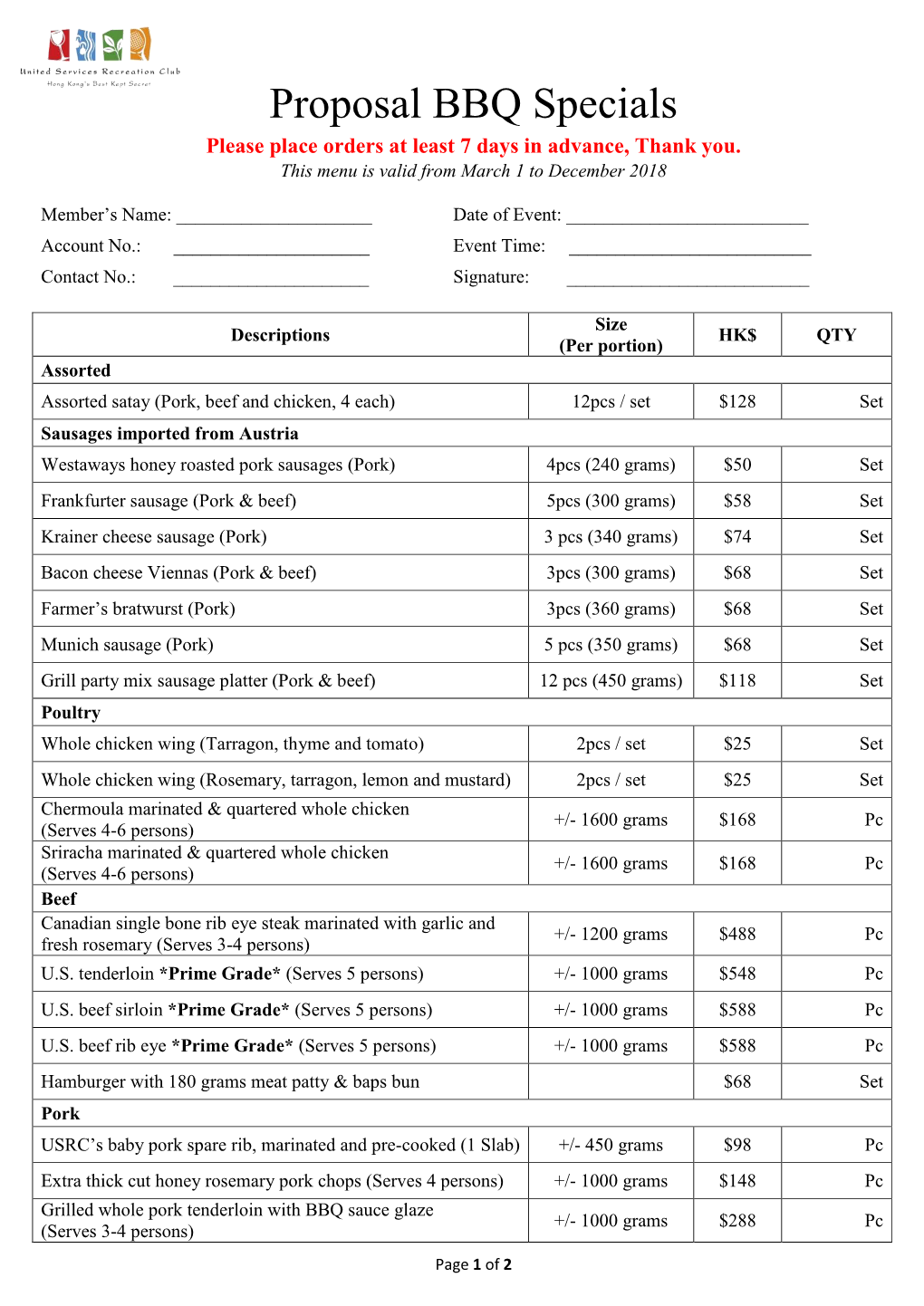 Proposal BBQ Specials Please Place Orders at Least 7 Days in Advance, Thank You