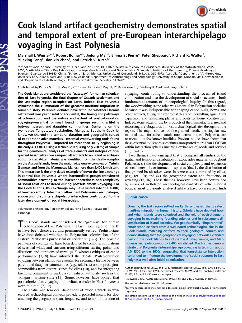 Cook Island Artifact Geochemistry Demonstrates Spatial and Temporal Extent of Pre-European Interarchipelago Voyaging in East Polynesia