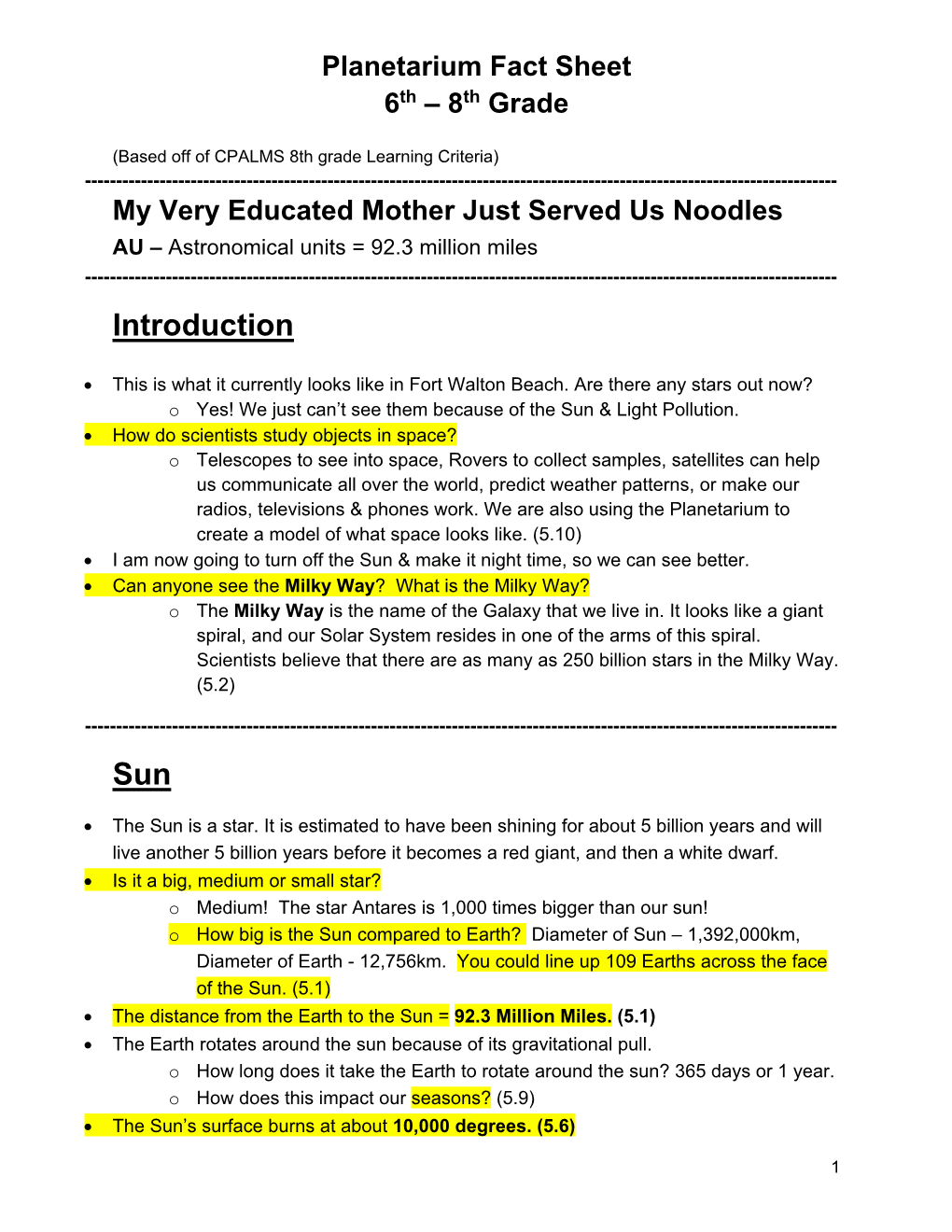 Planetarium Fact Sheet 6Th – 8Th Grade