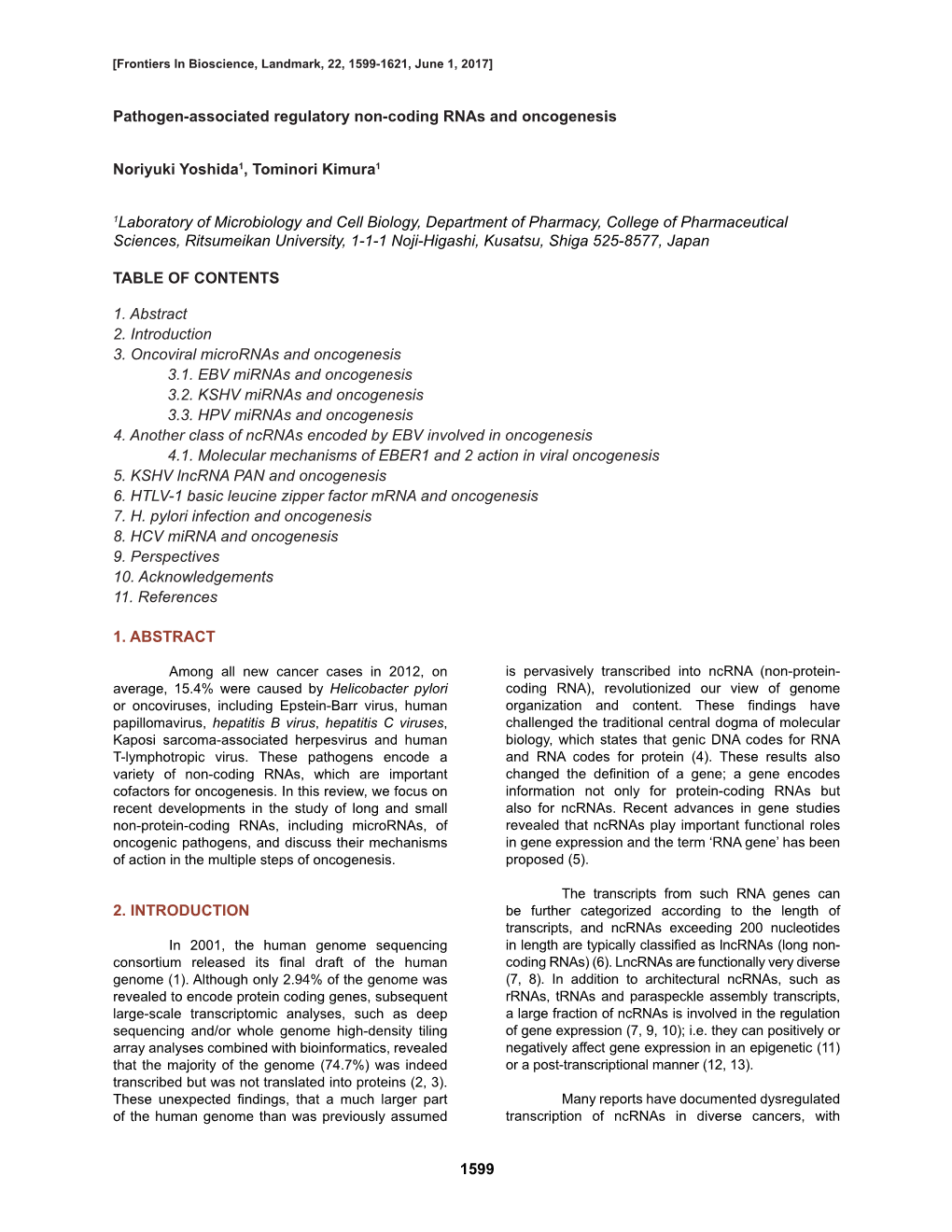 1599 Pathogen-Associated Regulatory Non-Coding Rnas and Oncogenesis