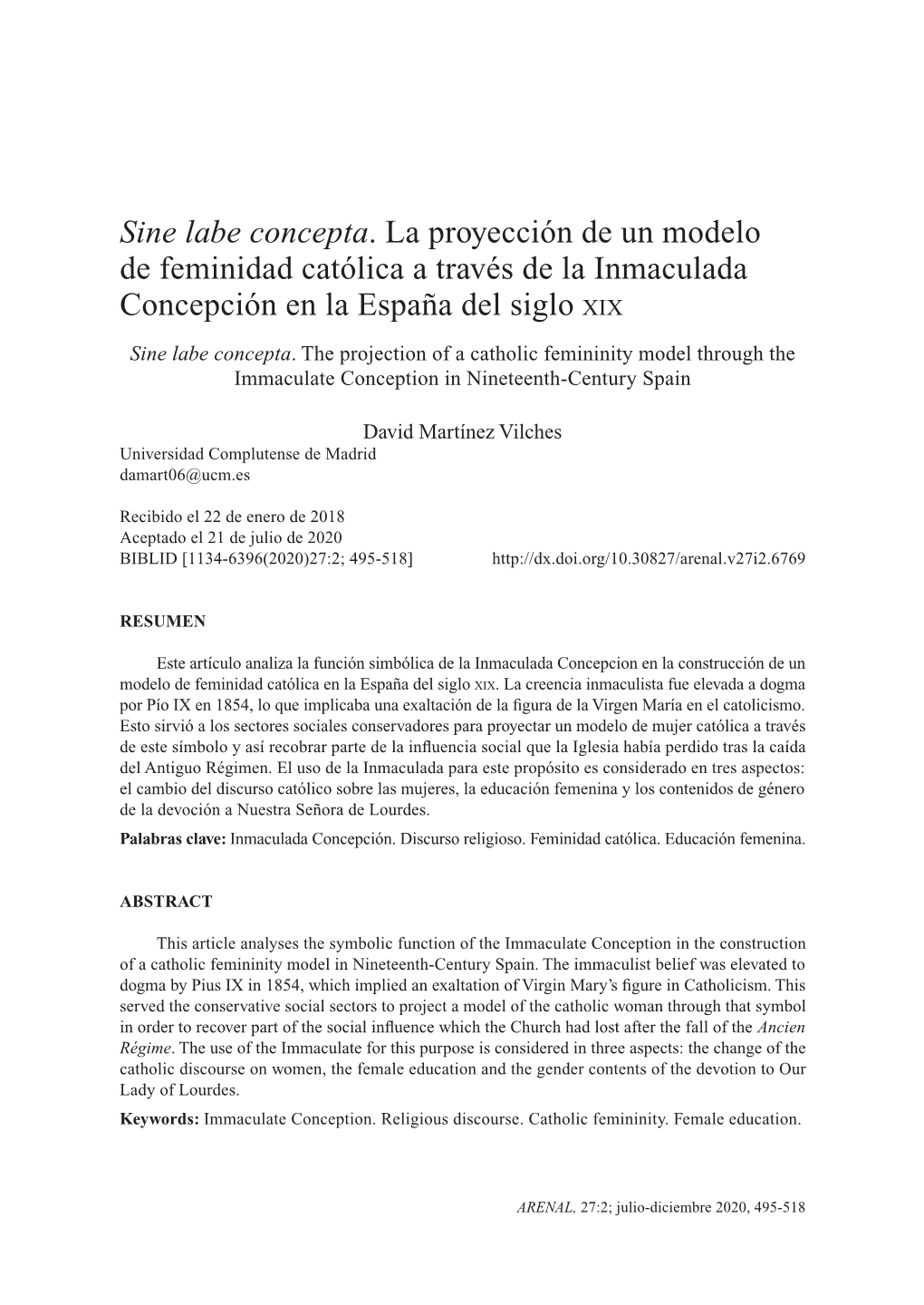 Sine Labe Concepta. La Proyección De Un Modelo De Feminidad Católica a Través De La Inmaculada Concepción En La España Del Siglo Xix