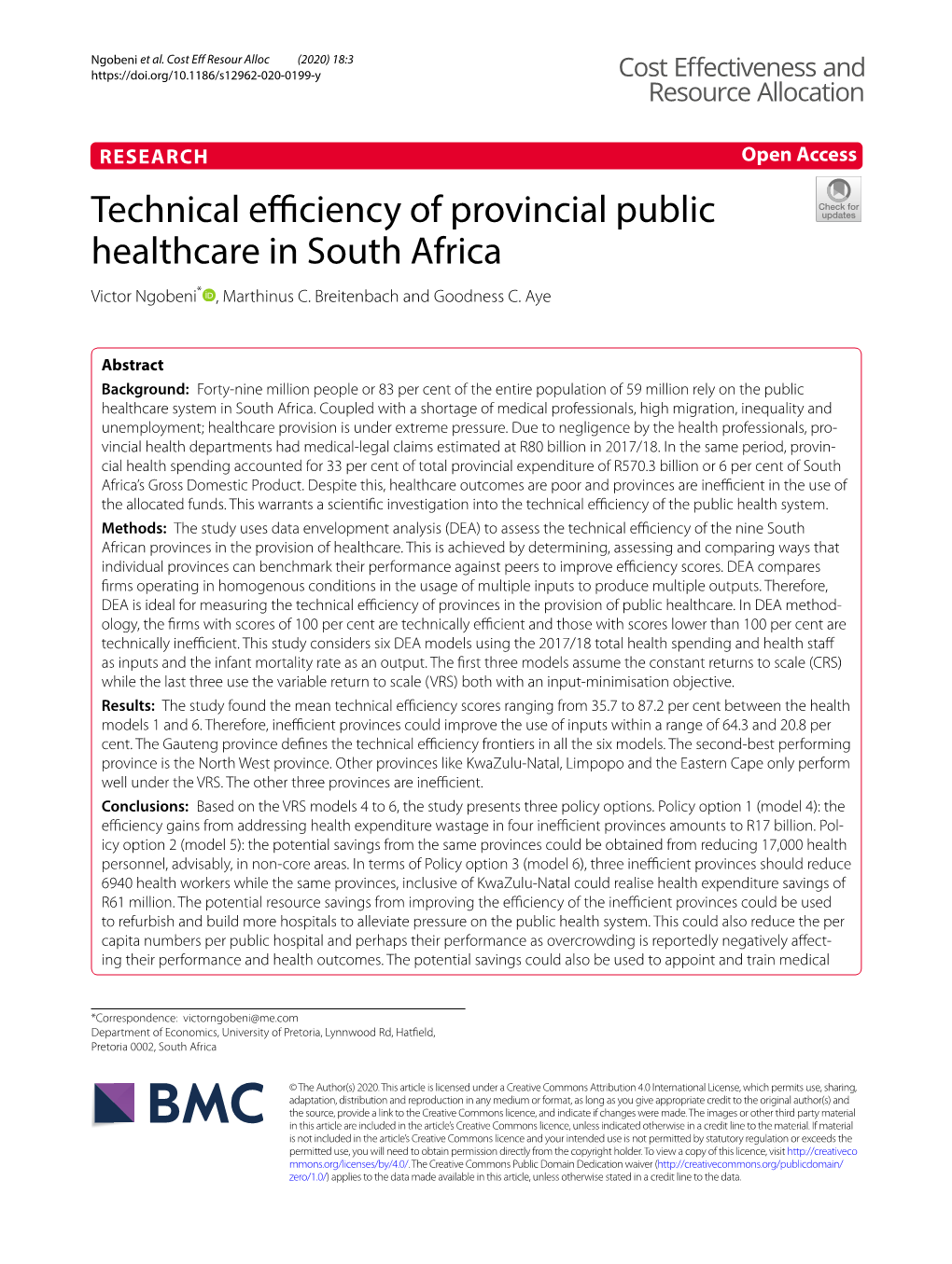 Technical Efficiency of Provincial Public Healthcare in South Africa