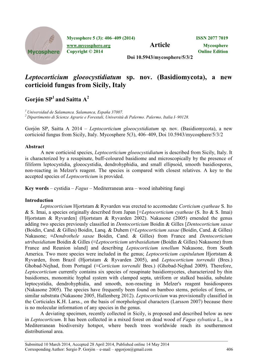 Leptocorticium Gloeocystidiatum Sp. Nov. (Basidiomycota), a New Corticioid Fungus from Sicily, Italy