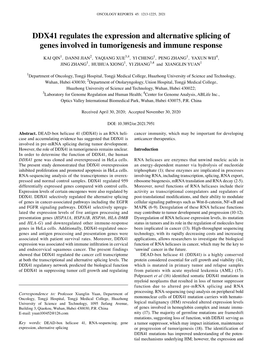 DDX41 Regulates the Expression and Alternative Splicing of Genes Involved in Tumorigenesis and Immune Response