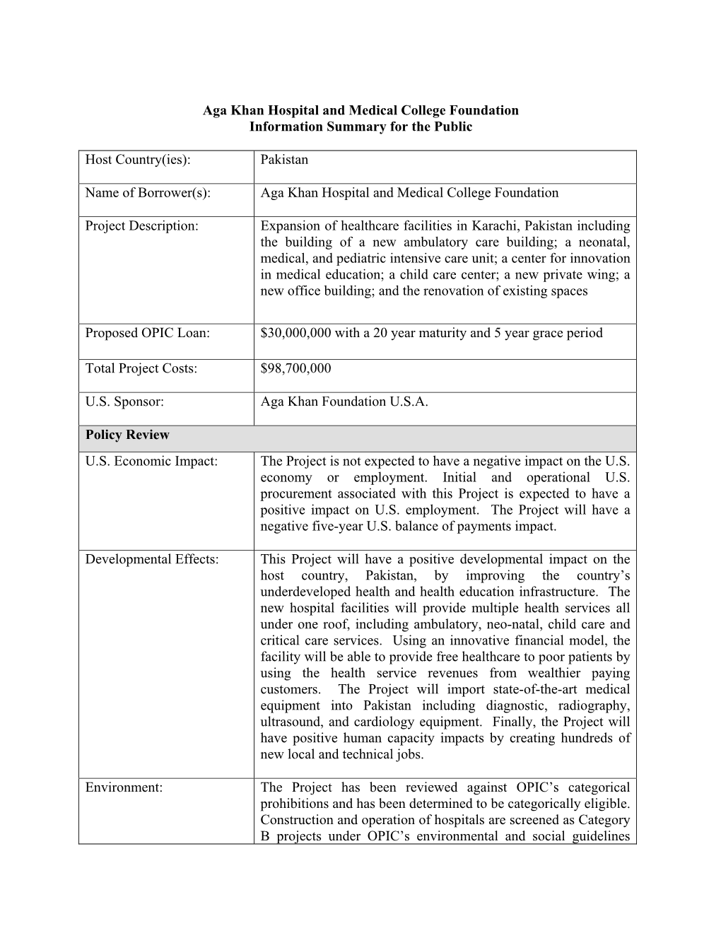 Aga Khan Hospital and Medical College Foundation Information Summary for the Public