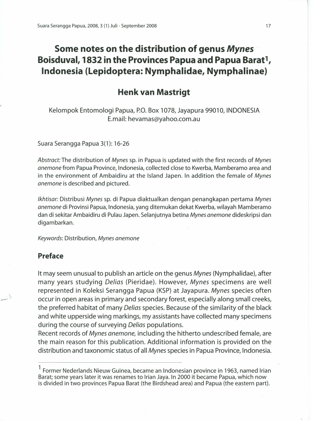 3. Henk Van Mastrigt. Some Notes on the Distribution of Genus Mynes