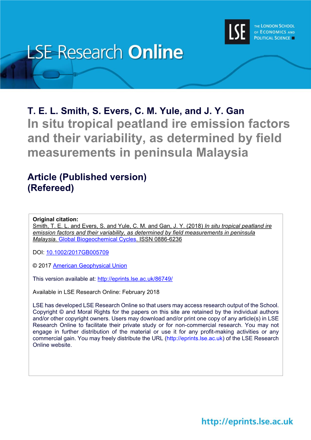 In Situ Tropical Peatland Ire Emission Factors and Their Variability, As Determined by Field Measurements in Peninsula Malaysia