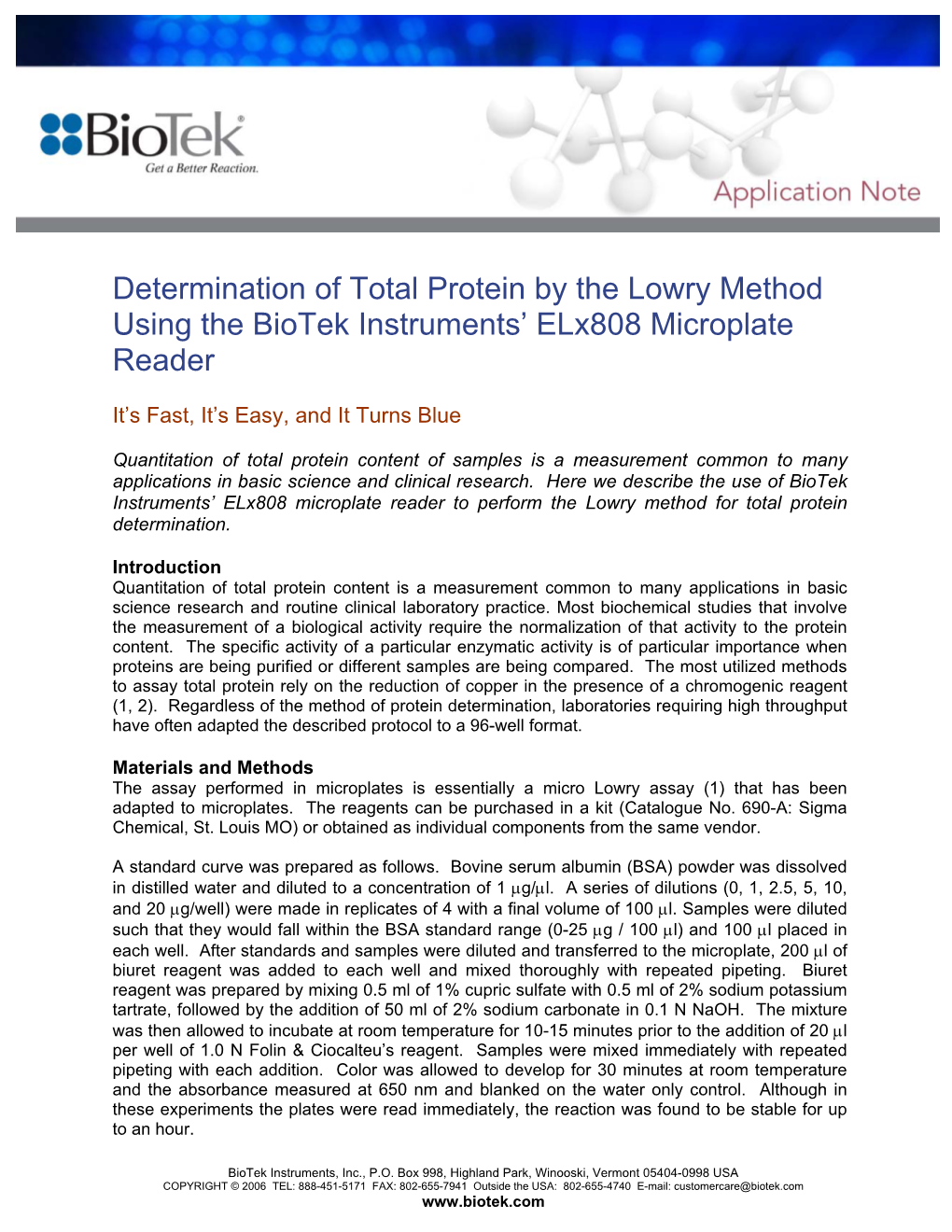 Determination of Total Protein by the Lowry Method Using the Biotek Instruments’ Elx808 Microplate Reader