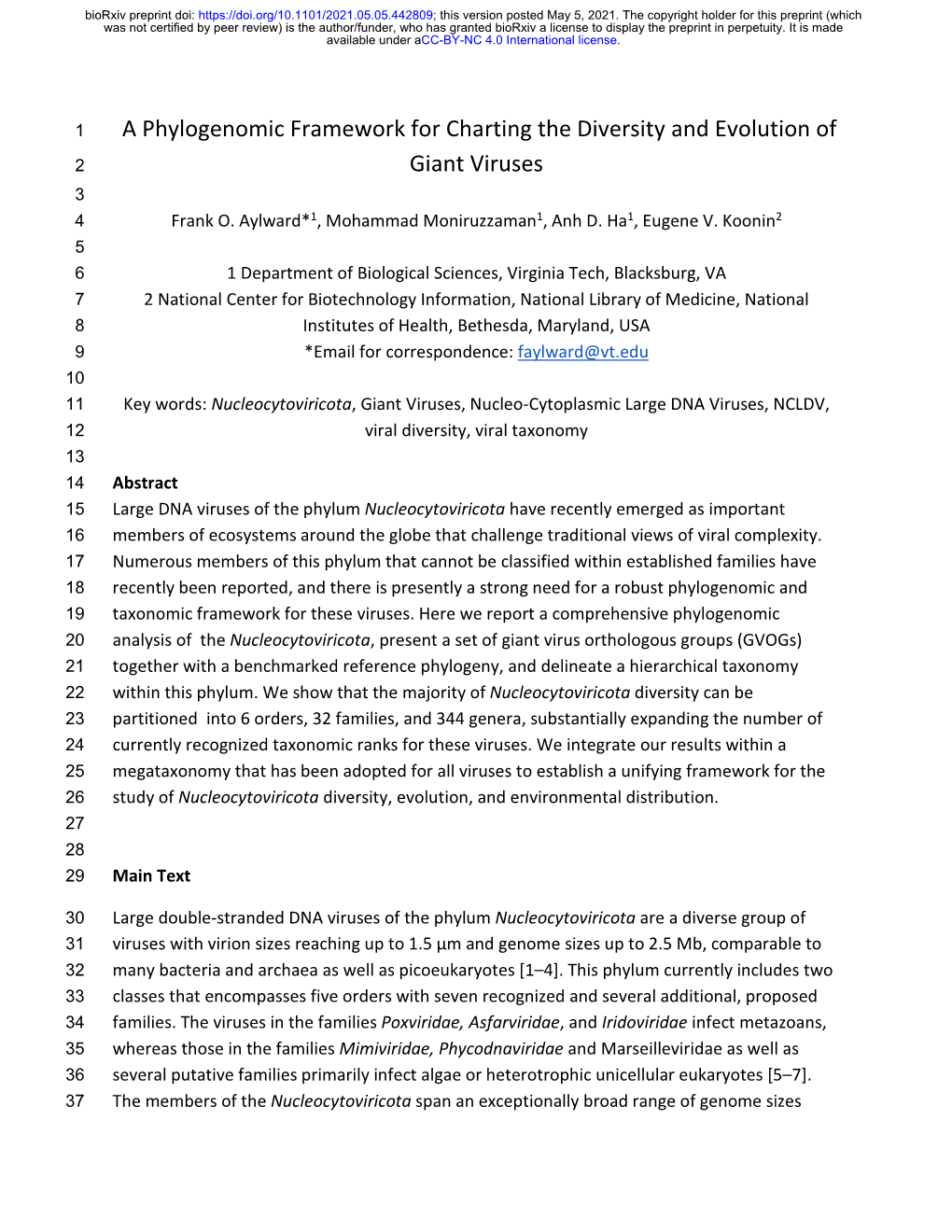 A Phylogenomic Framework for Charting the Diversity and Evolution of 2 Giant Viruses 3 4 Frank O