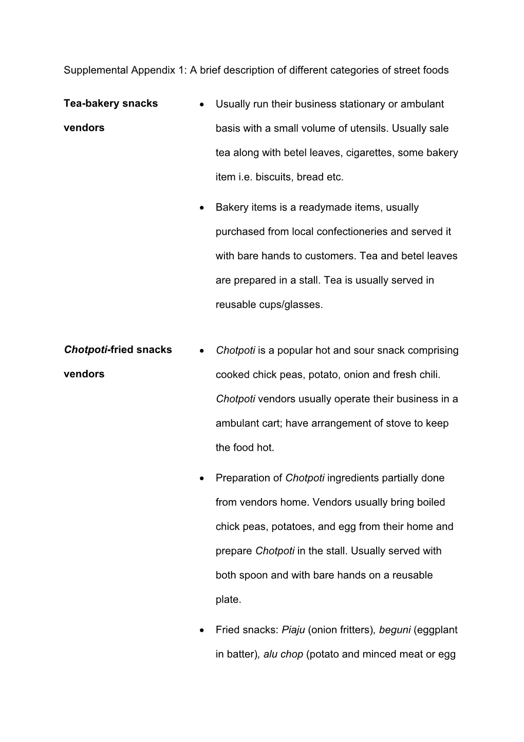 Supplemental Appendix 1: a Brief Description of Different Categories of Street Foods