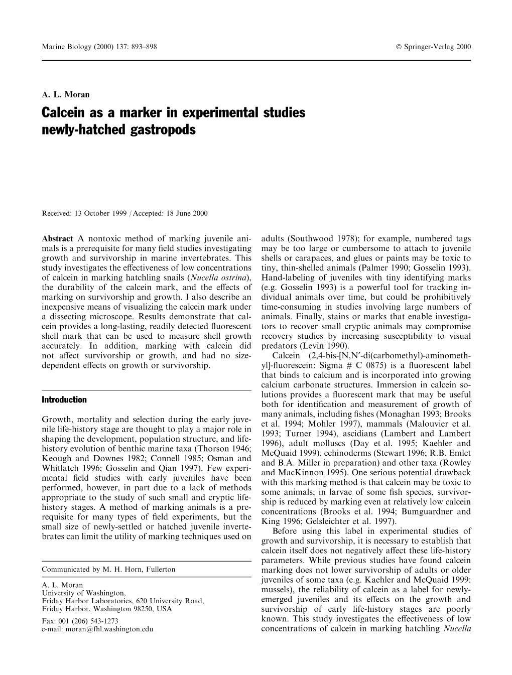 Calcein As a Marker in Experimental Studies Newly-Hatched Gastropods