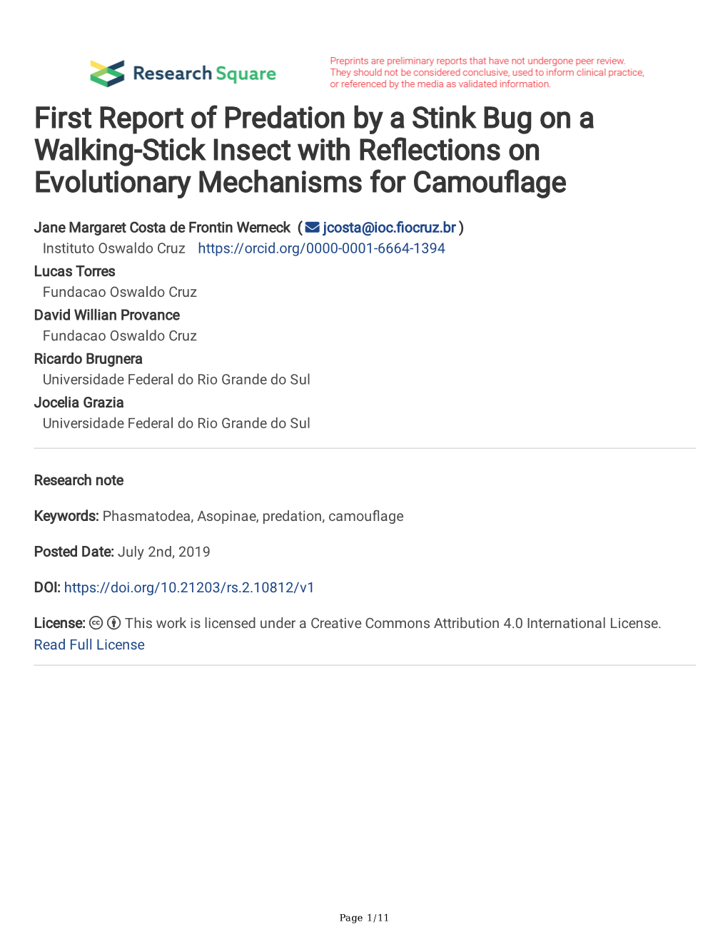 First Report of Predation by a Stink Bug on a Walking-Stick Insect with Refections on Evolutionary Mechanisms for Camoufage