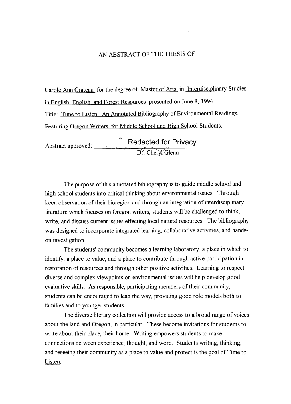 An Annotated Bibliography of Environmental Readings, Featuring Oregon Writers, for Middle School and High School Students